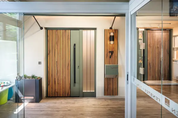 Moderne Haustür mit Holzlamellen, Seitenteil aus Glas und Briefkastenwand innen