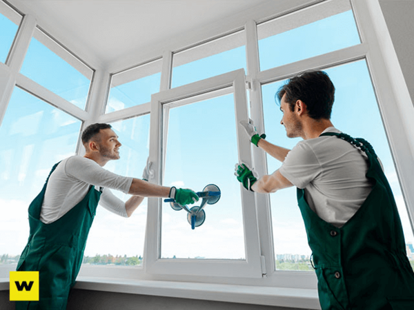 Zwei Handwerker montieren ein modernes Fenster beim professionellen Fenstereinbau.